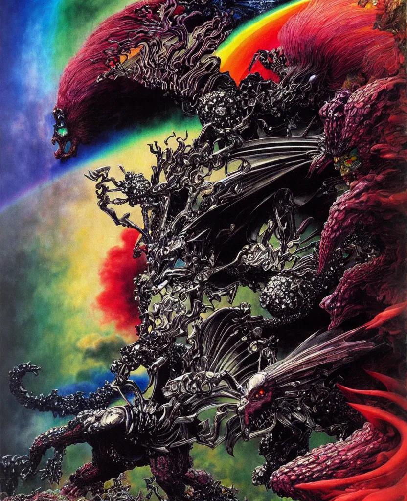 Prompt: realistic detailed image of ultra wrathful rainbow diamond iridescent mega griffith from berserk, depth perception, depth of field, action horror by ayami kojima, neo - gothic, gothic, part by adrian ghenie and gerhard richter. art by roger dean. masterpiece