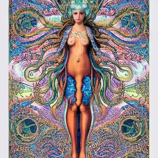 Prompt: tarot card intricate of ocean goddess by Ernst Haeckel,coral,pearls,jellyfish,vivid color