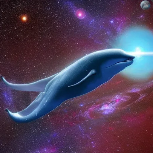 Prompt: a blue whale swimming in space among the stars and planets