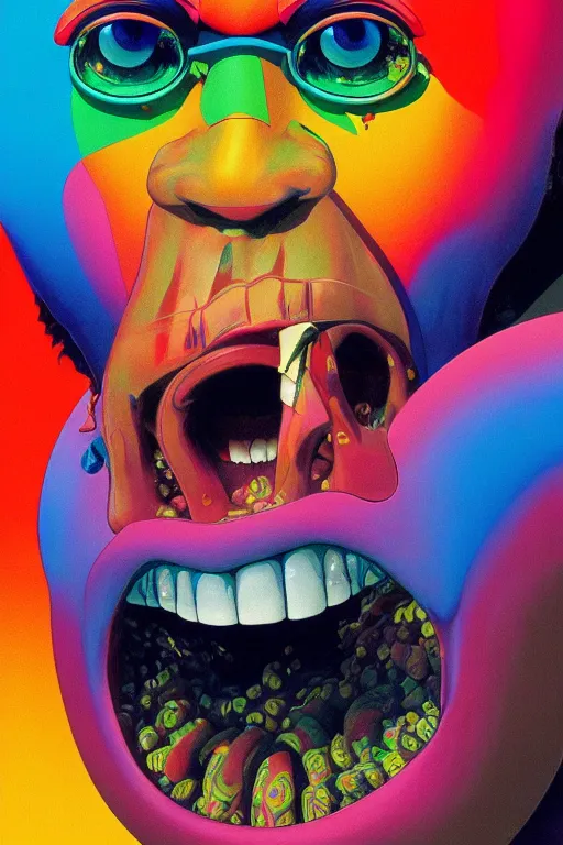 Prompt: a colorful vibrant closeup portrait of Gorillaz licking a tab of LSD acid on his tongue and dreaming psychedelic hallucinations, by kawase hasui, moebius, Edward Hopper and James Gilleard, Zdzislaw Beksinski, Steven Outram colorful flat surreal design, hd, 8k, artstation