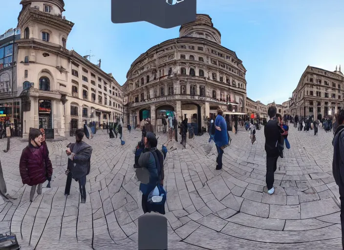 Image similar to a city square and everyone in the city square is wearing a vr headset ignoring each other