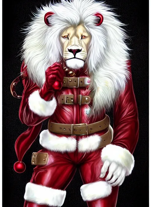 Prompt: Aesthetic portrait commission of a gay male fully furry, muscular anthro albino lion wearing an attractive festive red and white cozy Christmas outfit with long pants and black leather harness and boots, with a tail and a beautiful, attractive, hyperdetailed face, safe for work (SFW). Character design by charlie bowater, ross tran, artgerm, detailed, inked, award winning film poster painting.