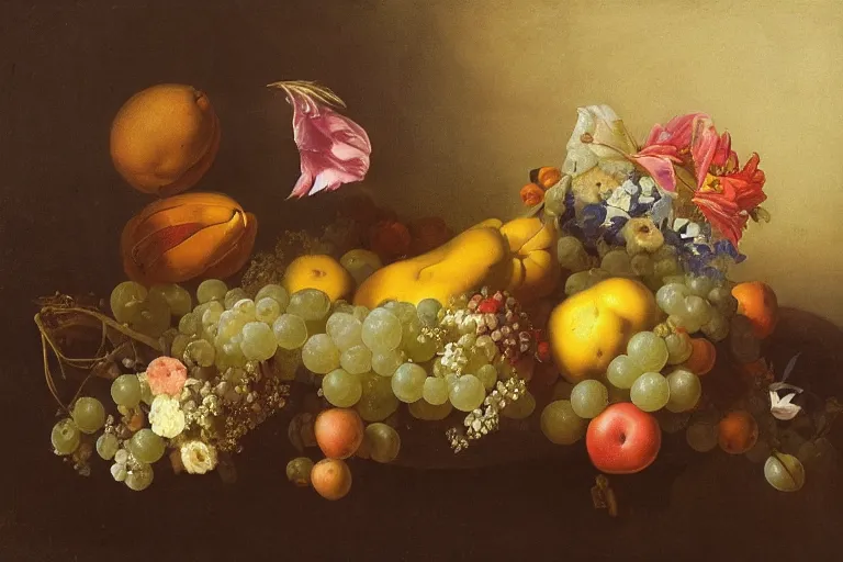 Prompt: zero gravity still life with floating flowers and fruit in the style of the dutch masters, dark and moody