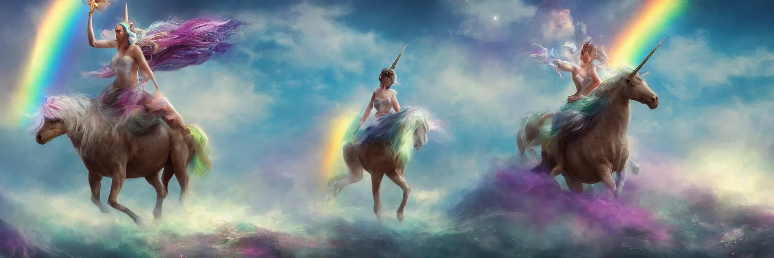 Image similar to a fairy riding a unicorn on the top of a rainbow, pastel tones, sparkles, glitter, octane render, 8k, flat brush, matte painting, trending on artstation, by Antonio J. Manzanedo