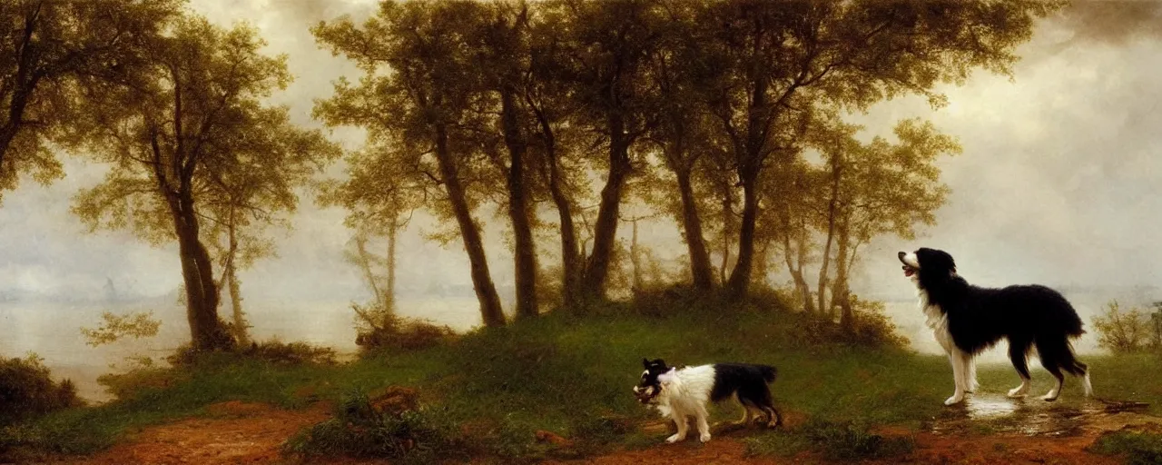 Prompt: a picture of a border collie by the lakeside in the rain, robert cleminson, carl friedrich deiker, albert bierstadt, heavy downpour, dog in the rain