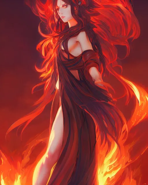 Image similar to red eyed beautiful long haired anime girl, fire dress, full body photo, flames everywhere, highly detailed, digital painting, artstation, concept art, smooth, sharp focus, illustration, art by artgerm and greg rutkowski and alphonse mucha