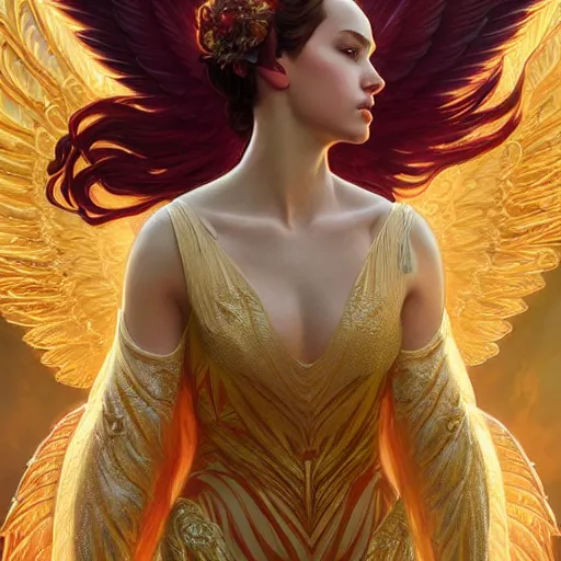 Image similar to a beautiful orchid phoenix angel woman, in an ornamented dress with large wings, volumetric light, god rays, 8 k high resolution, rubies, by greg rutkowski, artgerm, alphonse mucha