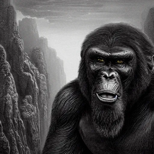 Prompt: King Kong, illustrated by Gustave Doré, intricate, ultra detailed, trending on artstation, 4k, 8k