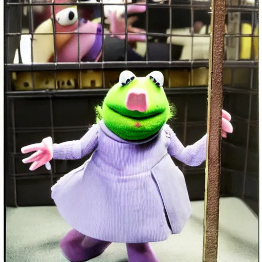 Image similar to miss piggy as guard at a maximum security muppet prison. she is taking a handcuffed animal to solitary confinement + photorealistic - h 6 4 0