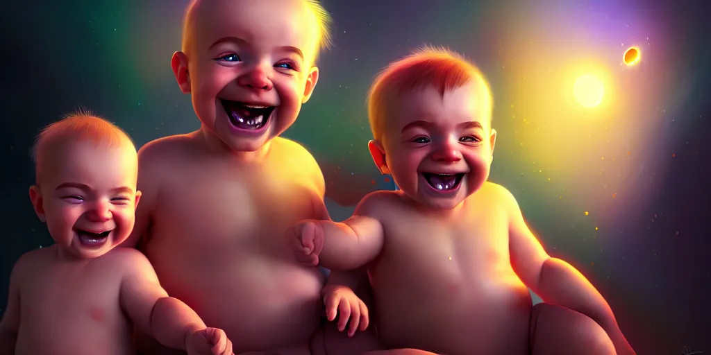 Image similar to epic professional digital art of a happy baby boy with his two fathers, best on artstation, cgsociety, wlop, cosmic, epic, stunning, gorgeous, much detail, much wow, masterpiece, backlight