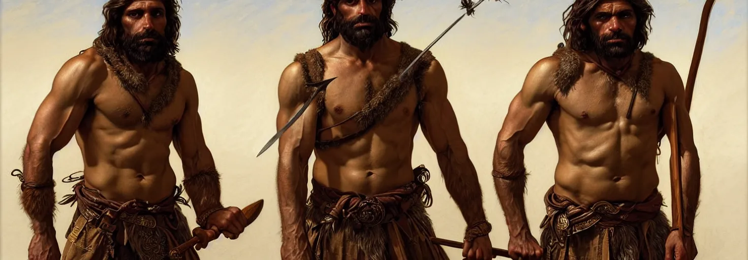 Prompt: renaissance upper body portrait of a gruff ranger with a spear, Australian Aboriginal, lean and toned, handsome face, hairy chest, D&D, intricate, elegant, highly detailed, digital painting, artstation, concept art, matte, sharp focus, illustration, art by da Vinci, Artgerm and Greg Rutkowski and Alphonse Mucha