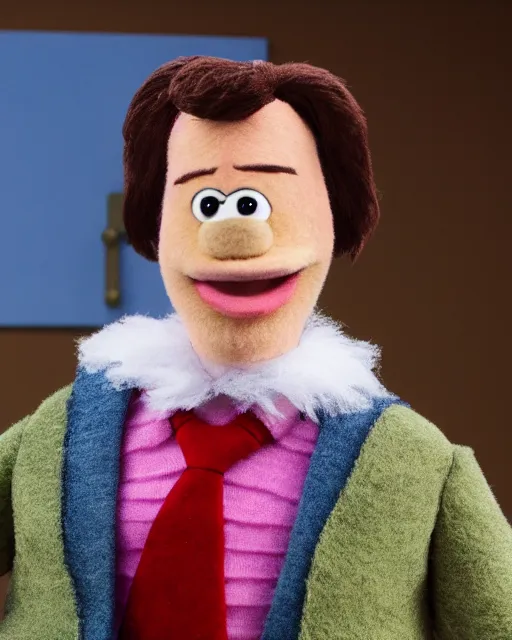 Image similar to andy bernard as a muppet. highly detailed felt. hyper real photo. 4 k.
