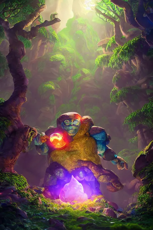 Image similar to arcane fantasy art giant golem elemental wood rock bastion forged gemstone enchanted forest troll, global illumination ray tracing hdr fanart arstation by sung choi and eric pfeiffer and gabriel garza and casper konefal lisa frank zbrush central hardmesh radiating a glowing aura