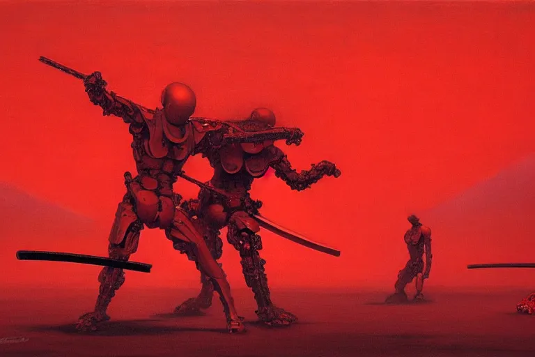 Image similar to only with red, a red cyborg samurai, tokio futuristic in background, some evil yokai fight, in the style of beksinski, parts by edward hopper, parts by rodcenko, parts by yue minjun, intricate and epic composition, red by caravaggio, insanely quality, highly detailed, masterpiece, red light, artstation, 4 k