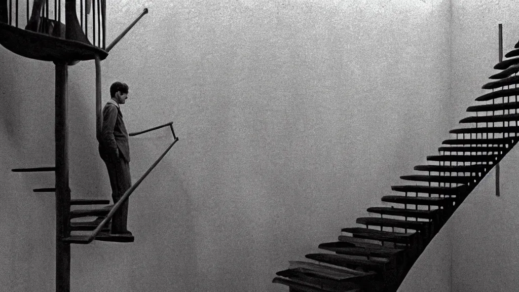 Prompt: a man building a winding staircase as he walks up it, film still from the movie directed by wes anderson with art direction by zdzisław beksinski and m. c. escher, wide lens