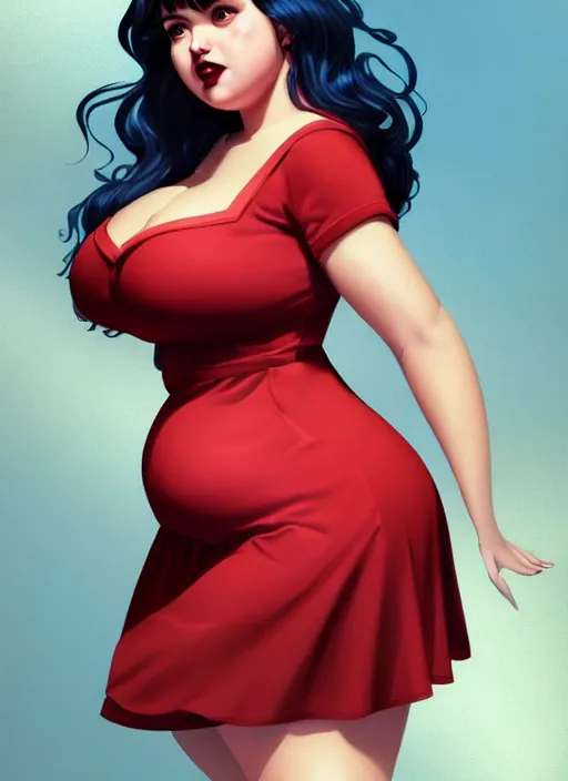 Image similar to full body portrait of teenage veronica lodge, obese, bangs, sultry, realistic, sultry smirk, wavy hair, red skirt, fat, belly, intricate, elegant, glowing lights, highly detailed, digital painting, artstation, concept art, smooth, sharp focus, illustration, art by wlop, mars ravelo and greg rutkowski