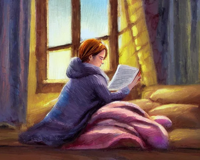 Image similar to a beautiful warm fuzzy painting of a woman curled up with a blanket reading a good book next to her friendly cat who is purring with eyes closed. they are both sitting next to a window as the sun sets in winter, by eric wallis, trending on artstation, concept art, lofi, digital illustration