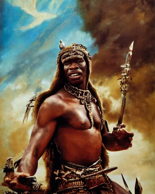 Prompt: Movie poster of Shaka Zulu, Highly Detailed, A master piece of storytelling, wide angle, cinematic shot, Battle, War, Violent, highly detailed, cinematic lighting, by frank frazetta + ilya repin , 8k, hd, high resolution print