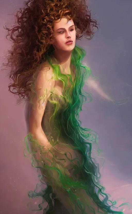 Image similar to a young woman with wild, curly hair and bright green eyes. she's wearing a flowing dress made of light, airy fabric and she has a mischievous look on her face, dynamic lighting, photorealistic fantasy concept art, trending on art station, stunning visuals, creative, cinematic, ultra detailed