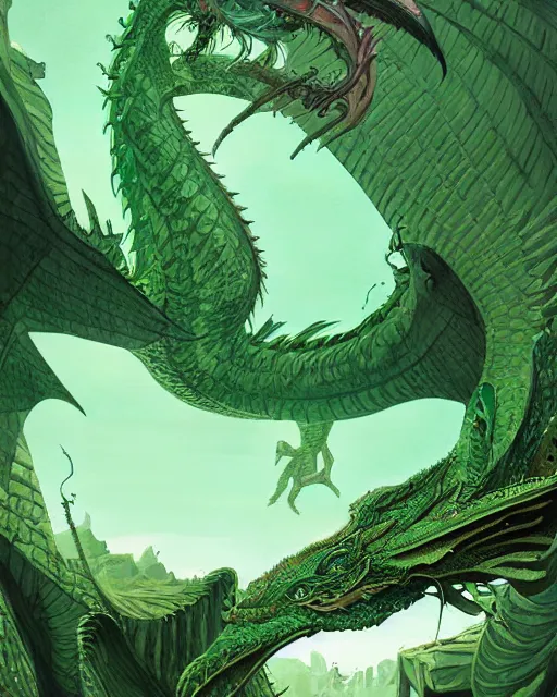 Image similar to a giant green dragon, digital art, illustrated by james gurney and victo ngai