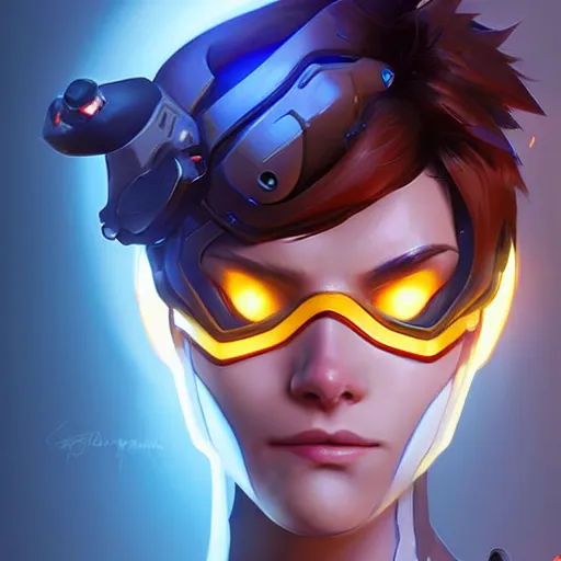 Image similar to overwatch tracer wearing a cyberkinetic mask, digital art, pretty face, very beautiful face, very detailed eyes, ultra detailed, by woop, greg rutkowski,