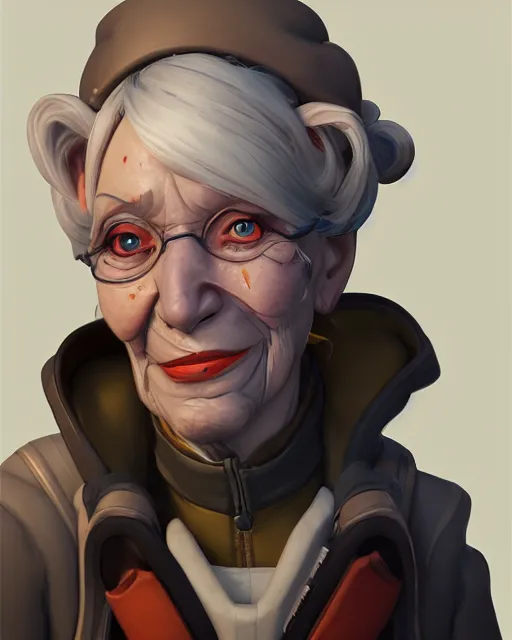 Image similar to overwatch concept art character portrait of a new character who is an elderly pale woman with a scarred face, trending on artstation, cgsociety,