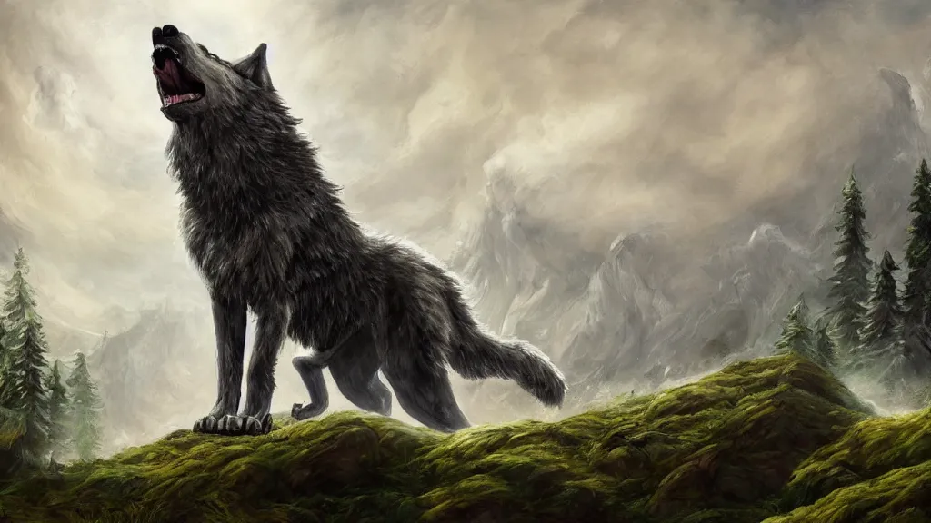 Image similar to a giant wolf howling in front of a tree, highly detailed oil painting, epic fantasy art, abstraction, masterpeice, 8k