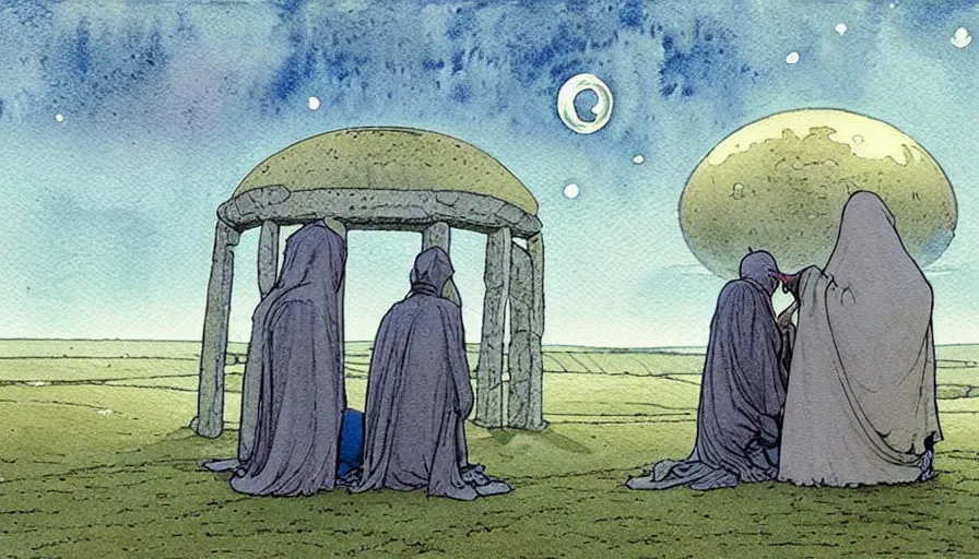 Image similar to a realistic and atmospheric watercolour fantasy concept art of a shiny metallic ufo landing in a large stonehenge. medieval monk in grey robes on his knees praying. a crescent moon in the sky. muted colors. by rebecca guay, michael kaluta, charles vess and jean moebius giraud