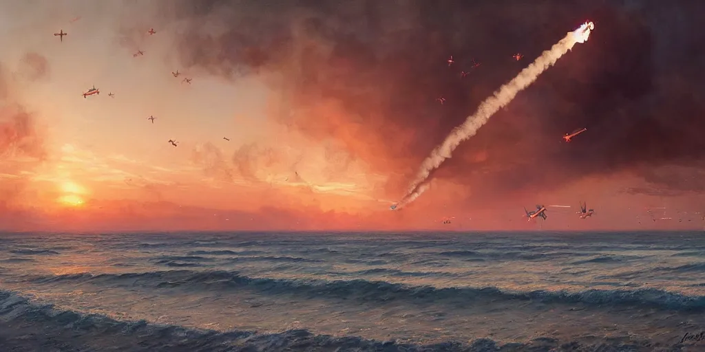 Prompt: normandy!!!!!, 1 9 4 5, airplanes bombing the beach, sunset, sadness, ( ( painting ) ) by jessica rossier and ivan shishkin, ultra realistic!!!, d - day, smoke, highly detailed, the landings, soldiers charging in, chaos!!!, fire, cinematic, wide shot, destroyed tanks, ray tracing