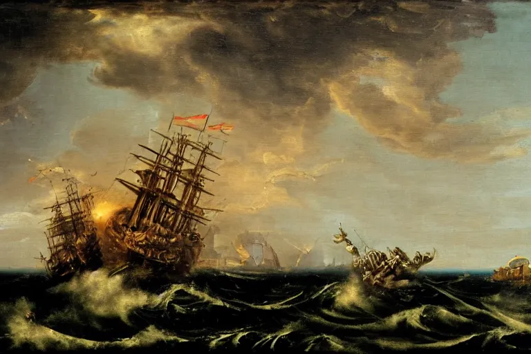 Image similar to A Kraken attacks a ship, Claude Lorrain (1648), oil on canvas, detailed brushstrokes