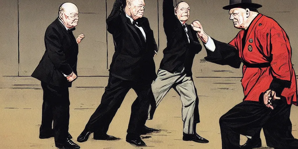 Image similar to Winston Churchill teaching Eisenhower karate. Epic painting by James Gurney and Laurie Greasley.