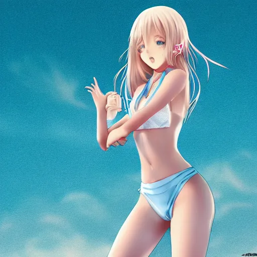 Image similar to a very beautiful young anime skater girl, full body, long wavy blond hair, sky blue eyes, full round face,, bikini, miniskirt, front view, mid - shot, highly detailed, cinematic wallpaper by stanley artgerm lau