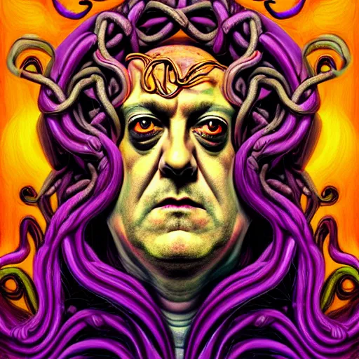 Prompt: an extremely psychedelic portrait of aleister crowley as medusa, surreal, lsd, face, detailed, intricate, elegant, lithe, highly detailed, digital painting, artstation, concept art, smooth, sharp focus, illustration