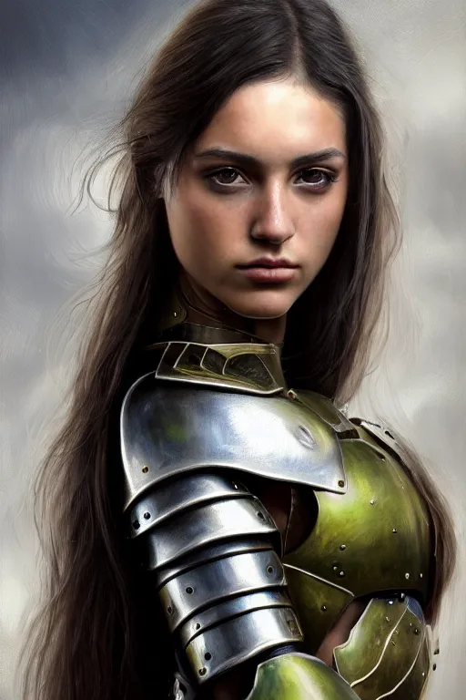 Image similar to a photorealistic painted portrait of an attractive young girl, partially clothed in metal-plated battle armor, olive skin, exotic appearance, long dark hair, flawless skin, beautiful bone structure, perfectly symmetric facial features, perfect photorealistic eyes, natural physique, intricate, elegant, digital painting, concept art, finely detailed, beautifully illustrated, sharp focus, minimal artifacts, from Metal Gear, by Ruan Jia and Mandy Jurgens and Artgerm and William-Adolphe Bouguerea, in the style of Greg Rutkowski, trending on Artstation, award winning art