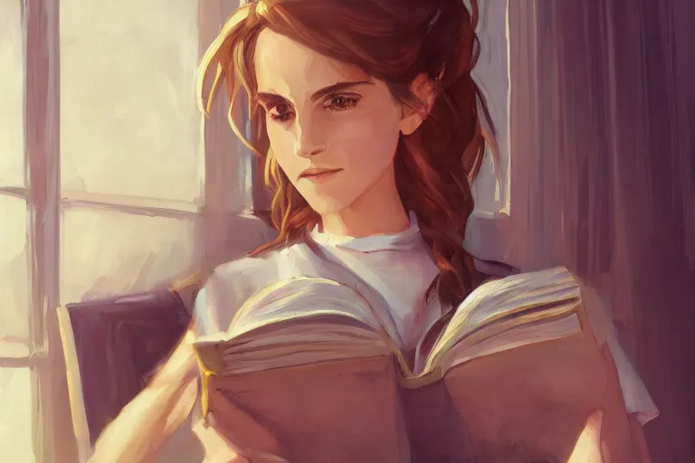 Prompt: portrait of Emma Watson as Hermione Granger sitting next to a window reading a book, focused expression, face focus, golden hour, art by Kenne Gregoire and Krenz Cushart, trending on artstation