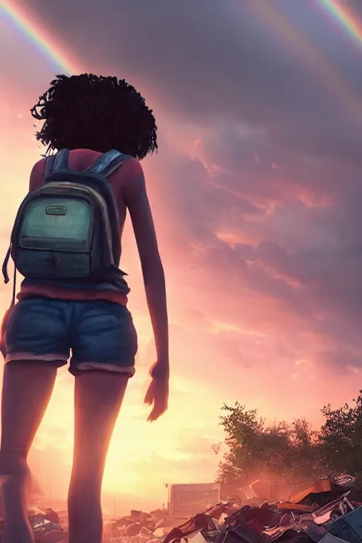 Prompt: teenage girl in mini short with backpack looking at food at garbage dump, destroyed cars, city is pure wasteland, moody sunset background, rays of sunlights, ( ( ( rainbow ) ) ), high details, sharp, photorealism, cinematic, greg rutkowski, artgerm, unreal engine, highly detailed