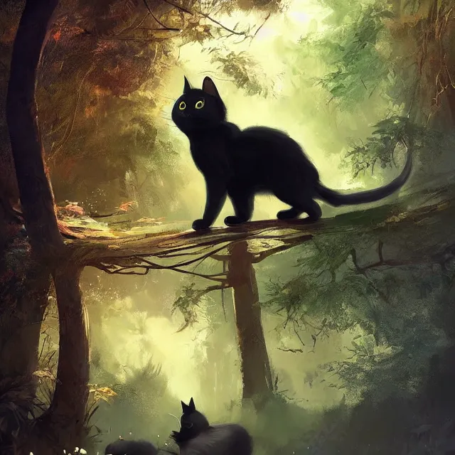 Image similar to a beautiful painting of a cute black cat in a forest. pixar character design by cory loftis, fenghua zhong, ryohei hase, ismail inceoglu and ruan jia. artstation, volumetric light, detailed, photorealistic, rendered in octane