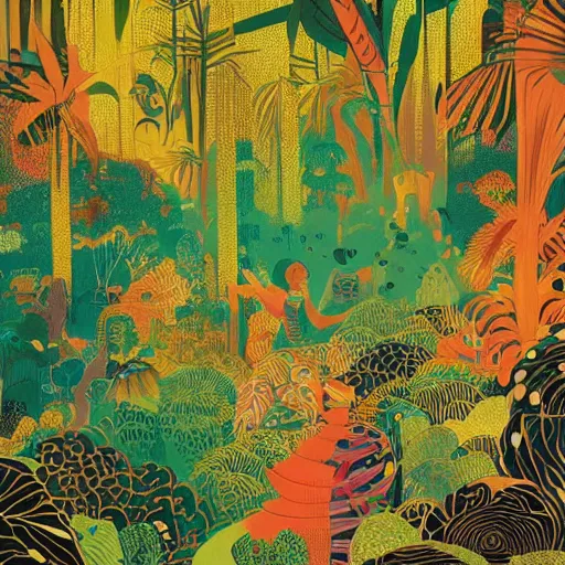 Prompt: disco diffusion painting of the jungle by victo ngai and malika favre, masterpiece, contest award winner