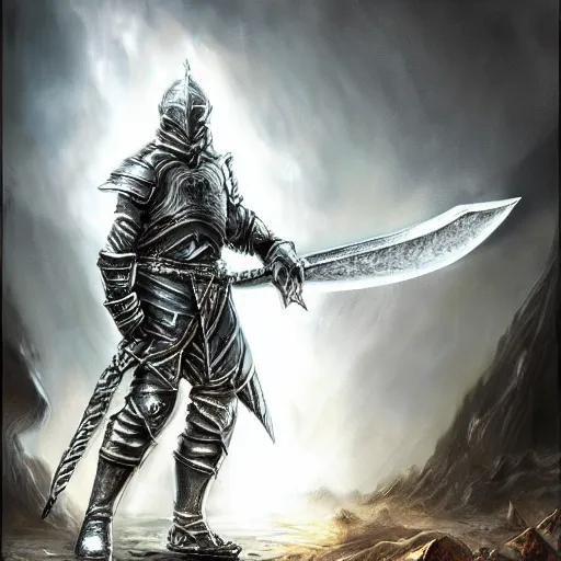 Prompt: fantasy warrior in black plate armor, holding a silver greatsword, photorealistic, high resolution