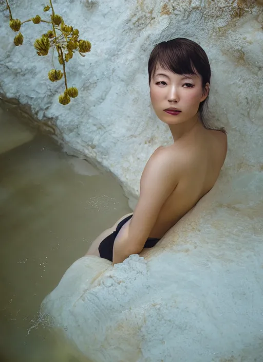 Image similar to Kodak Portra 400, 8K, soft light, volumetric lighting, highly detailed, Kasumi Arimura style 3/4 ,portrait photo of Japanese princess, the face emerges from a thermal water flowing down gold travertine terraces, with lotus flowers, a beautiful luxurious royal suit, intricate hair with highly detailed realistic beautiful flowers , Realistic, Refined, Highly Detailed, ethereal lighting colors scheme, outdoor fine art photography, Hyper realistic, photo realistic