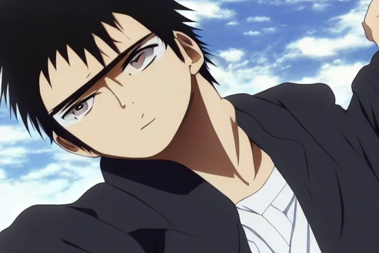 Image similar to A handsome man，Black short hair, blue eyes, Hijikata Toushirou of Gintama,Kyoto Animation