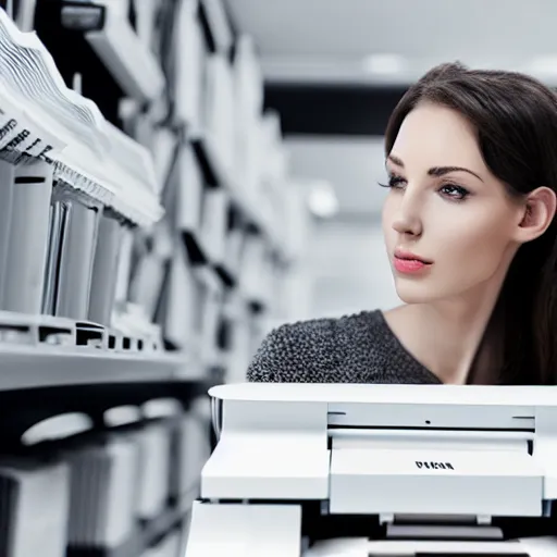 Image similar to a woman surrounded by printers, photorealistic, studio lighting, white ambient background, highly detailed