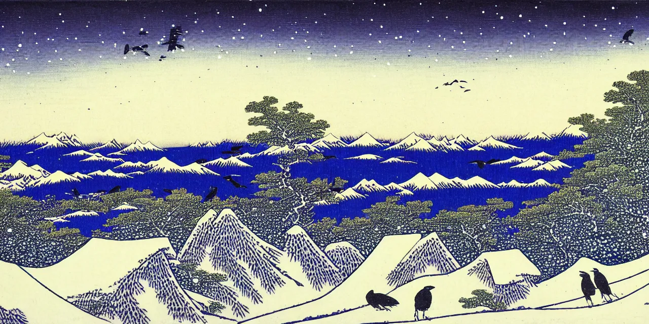 Image similar to laurentian appalachian mountains in winter, unique, original and creative landscape by hokusai, snowy night, distant town lights, aurora borealis, deers, ravens and crows, footsteps in the snow, brilliant composition, fascinating textures