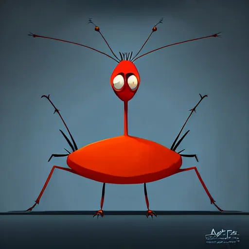 Prompt: digital art of a symmetrical thin cockroach cartoon character with long antennae, wearing a black suit, character poses, by anton fadeev from nightmare before christmas