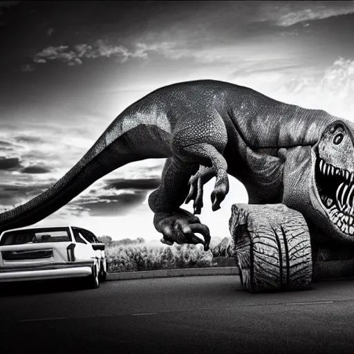 Prompt: dinosaur crushing car, black and white photo