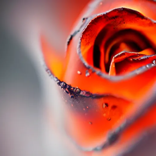 Image similar to award - winning macro of a beautiful black rose made of glowing molten magma