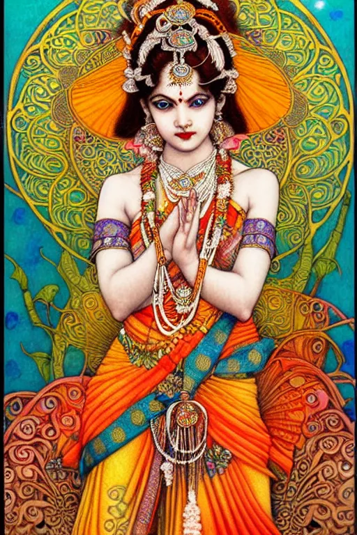 Image similar to beautiful and playful ginger hindu dancer, art nouveau, fantasy, intricate indian flower designs, elegant, highly detailed, sharp focus, art by chie yoshii