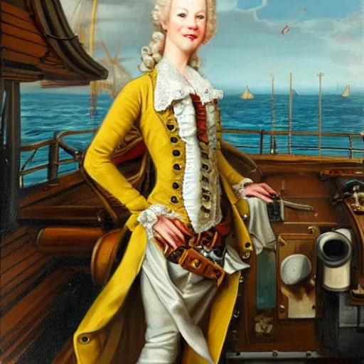 Image similar to a beautiful, friendly, calm, blonde, well - dressed, steampunk, covered, armed, pirate captain, standing on the deck of her ship gazing at the horizon in 1 7 3 0, detailed award - winning time - less painting