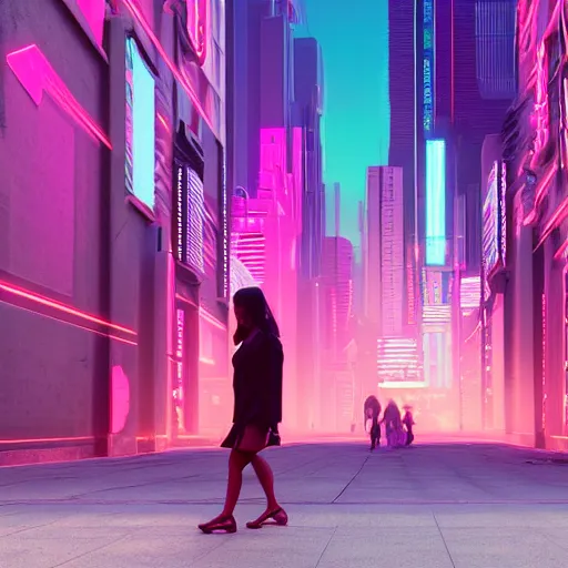 Image similar to a woman walking through a synthwave city, intricate artwork by tooth wu and wlop and beeple, octane render, hyper realism, 8 k