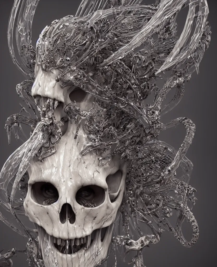 Image similar to close-up macro portrait of the face of a beautiful princess with animal skull mask, epic angle and pose ribcage skeleton, symmetrical artwork, 3d with depth of field, blurred background, cybernetic jellyfish female face skull phoenix bird, translucent, nautilus, energy flows of water and fire. a highly detailed epic cinematic concept art CG render. made in Maya, Blender and Photoshop, octane render, excellent composition, cinematic dystopian brutalist atmosphere, dynamic dramatic cinematic lighting, aesthetic, very inspirational, arthouse. y Greg Rutkowski, Ilya Kuvshinov, WLOP, Stanley Artgerm Lau, Ruan Jia and Fenghua Zhong